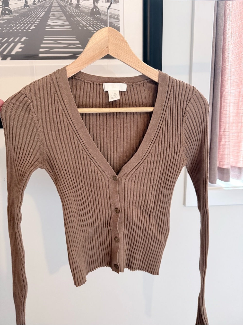 H&M Ribbed V-Neck Button-Front Sweater Cardigan in Brown